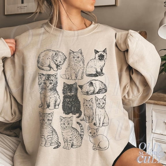 Vintage Cat Sweatshirt, Retro Kitten Graphic Pullover, Cozy Cottagecore Cat Lover Gift, 90s Style
