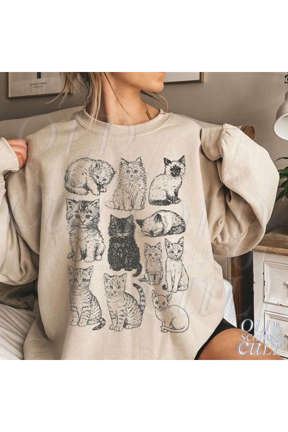 Vintage Cat Sweatshirt, Retro Kitten Graphic Pullover, Cozy Cottagecore Cat Lover Gift, 90s Style
