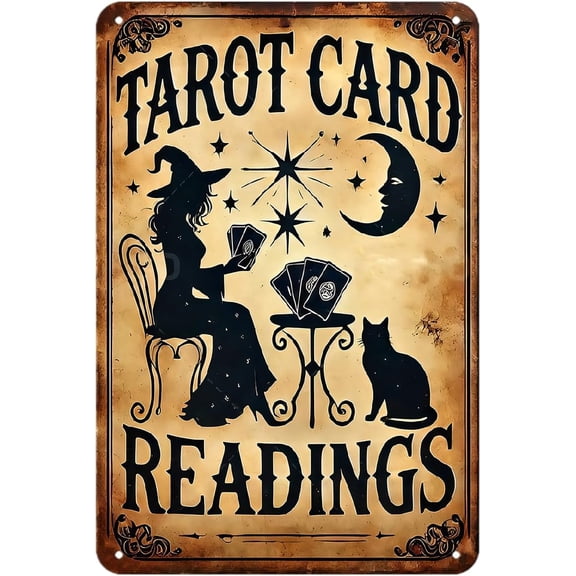 Vintage Cat Tarot Tin Sign Witch Moon Stars Metal Signs Print Aesthetic Room Decoration for Home Bedroom Dorm Bathroom Wall Decor 8 x 12 Inch