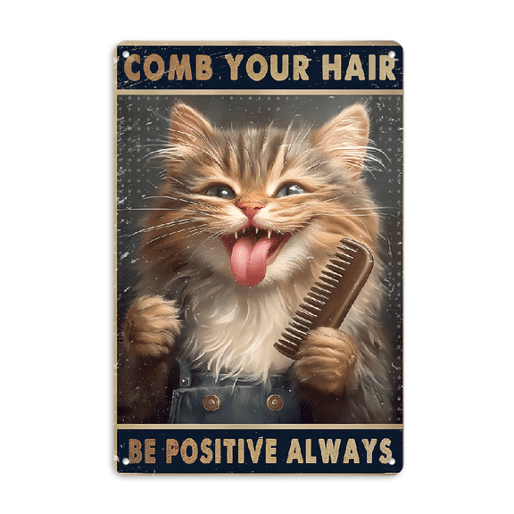 Vintage Cat Tin Sign - _Comb Your Hair, Be Positive Always_ - 8x12 Inch Metal Wall Decor for Home, Bar, for Man Cave, Kitchen & Bathroom - Whimsical Cat Illustration with Motivational Message