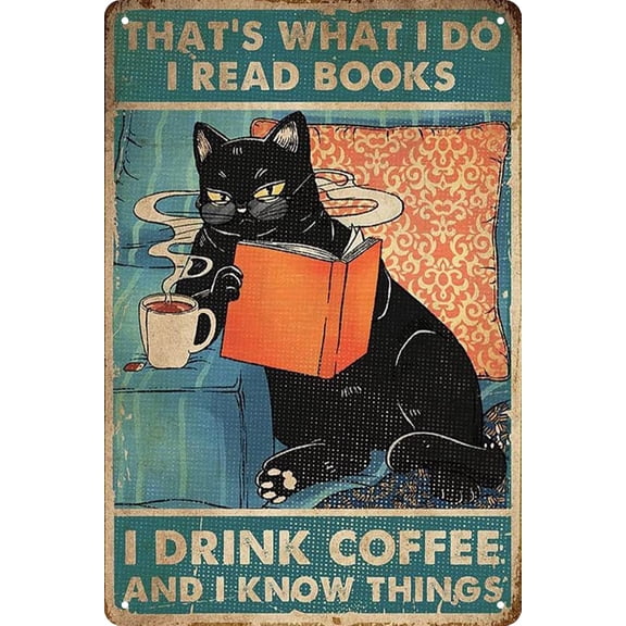 Vintage Cat Tin Sign,Funny Coffee-Drinking Cat Metal Sign,Retro café Wall Decor Cafe poster,Drinking Decorations for Pub Home Restaurants Club Plaque Cat Lovers Gifts 8X12 Inches Feline Fine