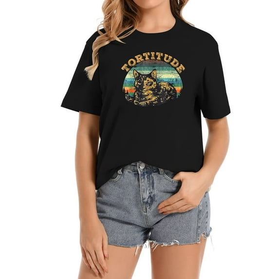 Vintage Cat Tortitude Women Comfortable Women's Summer Top, Short Sleeve Graphic Tee with Print Black 3XL