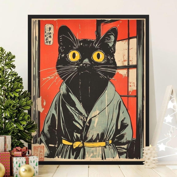 Vintage Cat Wall Art, Japanese-Inspired Cat Print, Black Cat Poster for Home Decor, Unique Cat Artwork, Cat Lover Gift, 24x36