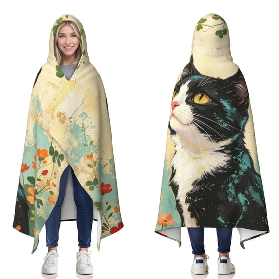 Vintage Cat Wearable Blanket Hoodies for Women Men Adults Cat Lovers Plush Lightweight Floral Cats Hooded Blankets for Home Bedding Decor Birthday Gifts 50X60 Inch