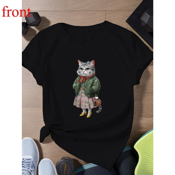 Vintage Cat Women's T Shirt,Graphic Tees,Cat Lover Tops，Causal Short Sleeve Top,Crew neck,Classic ,cotton，black，S-5XL