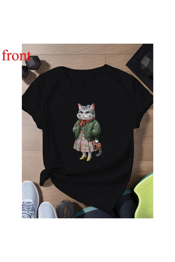 Vintage Cat Women's T Shirt,Graphic Tees,Cat Lover Tops,Causal Short Sleeve Top,Crew neck,Classic ,cotton,black,S-5XL