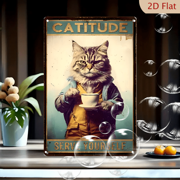 Vintage Cat with Coffee Metal Sheet Sign - 8*12 Inch Kitchen,  Cafe Or Garage Decor with Vintage Wall Art