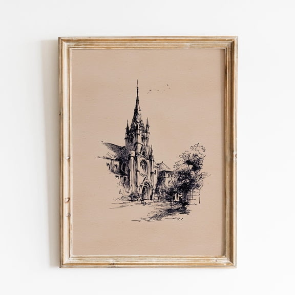 Vintage Cathedral Sketch European Historic Building Art Elegant Religious Architecture Classic Old World Decor, Unframed Poster