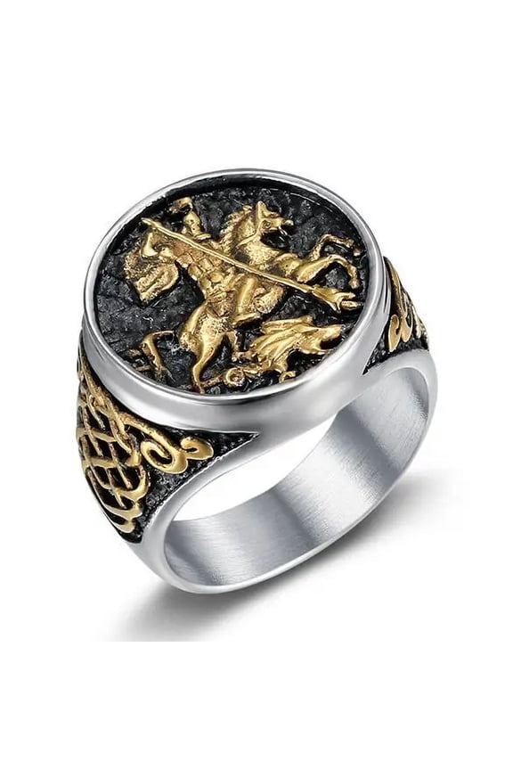 Vintage Catholic Angel Michael Dragon slaying Ring For Men Women Punk 14K White Gold Knight Saint Michael Protect Jewelry