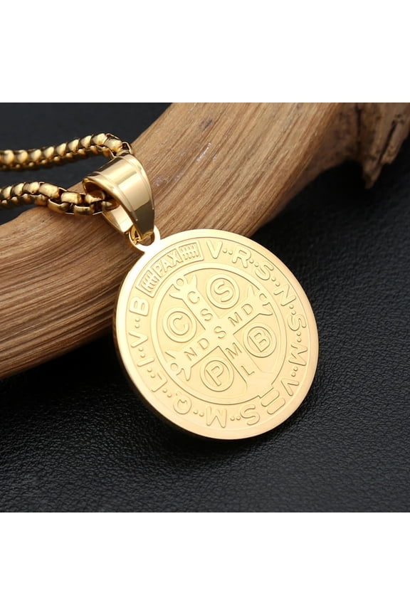 Vintage Catholic Saint Benedict Pendant Necklace 14K Yellow Gold Cross Necklaces For Men Women Religious Amulet Jewelry