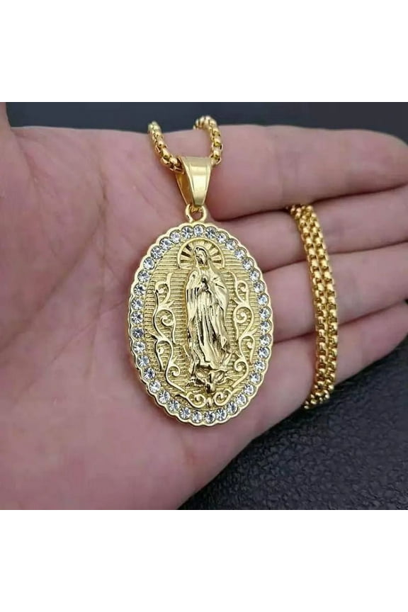 Vintage Catholic Virgin Mary 14K Yellow Gold Pendant Necklace Men and Women Religious Christian Prayer Amulet Jewelry Anniversary Gift D097