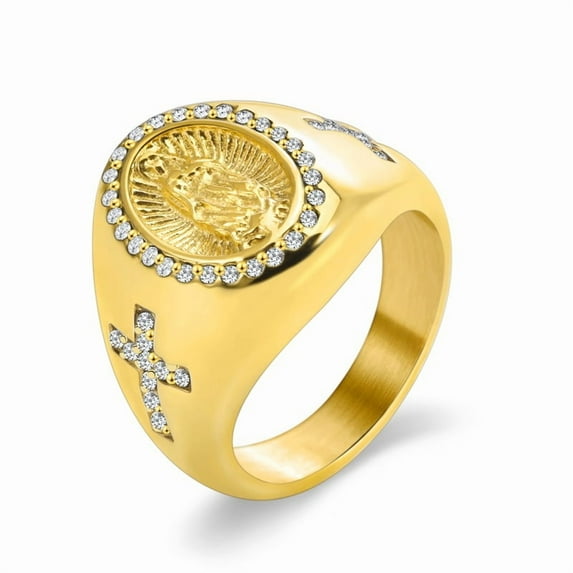 Vintage Catholic Virgin Mary Cross 14K Yellow Gold Ring gold silver color Religious Style Men's Ring Prayer Jewelry Gift