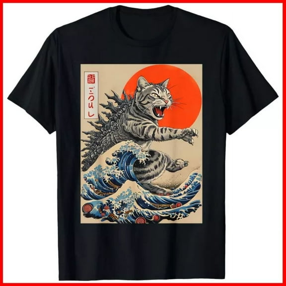 Vintage Catzilla Cat Japanese Art Funny Cat Black Cotton T-Shirt S-5Xlhot Trending Birthday Gifts