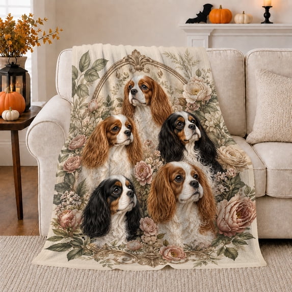 Vintage Cavalier Charles Spaniel Portrait, Festive Pet Portrait Pattern, Warm Flannel Blanket for Living Room and Bedroom, Dog Lovers person's Day Gift, Pet Lover Home Decor
