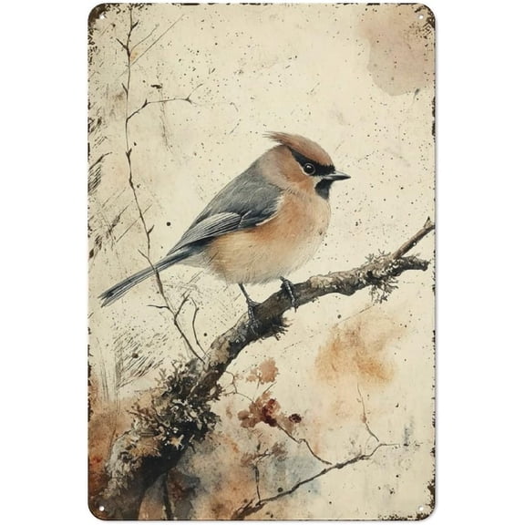 Vintage Cedar Waxwing Bird Metal Tin Sign, Watercolor Songbird Illustration Wall Art Plaque, 8x12 Inch Nature Wildlife Farmhouse Garden Home Decor