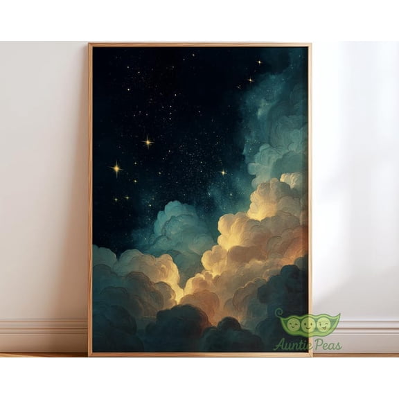 Vintage Celestial Cloudscape Starry Night Sky Wall Art Print, Unframed Paper Poster 8x10in