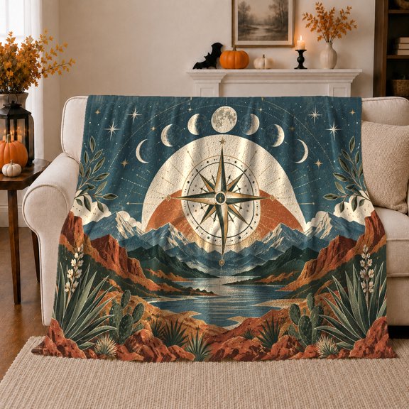 Vintage Celestial Compass decorative theme Wilderness Landscape, Peaceful Mountain Lake Scene, Warm Flannel Blanket for Cabin and Lodge, Outdoor Lovers Camping Gift, Rustic Home Decor