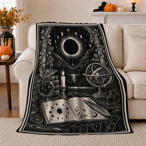 Vintage Celestial Eclipse Antique Instruments Astronomy Scholar, Festive Holiday Scene, Warm Flannel Blanket for Living Room and Family Room, Art Lovers Christmas Gift, Festive Home Decor