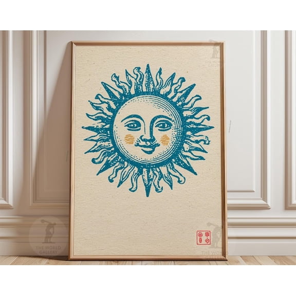 Vintage Celestial Folk Teal Sun Face Astrology Wall Art Print, Unframed Paper Poster 8x10in