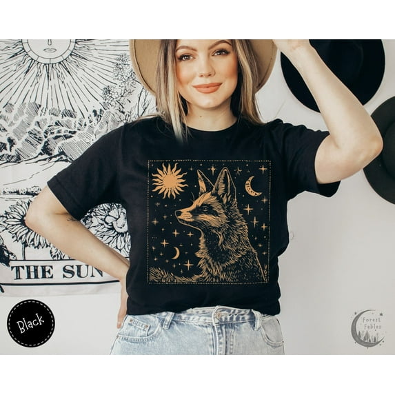 Vintage Celestial Folklore Fox TShirt, Sun Crescent Moon Boho Shirt, Cottagecore Mystical Folk Art Fox T-Shirt, Spiritual Dark Academia Tee