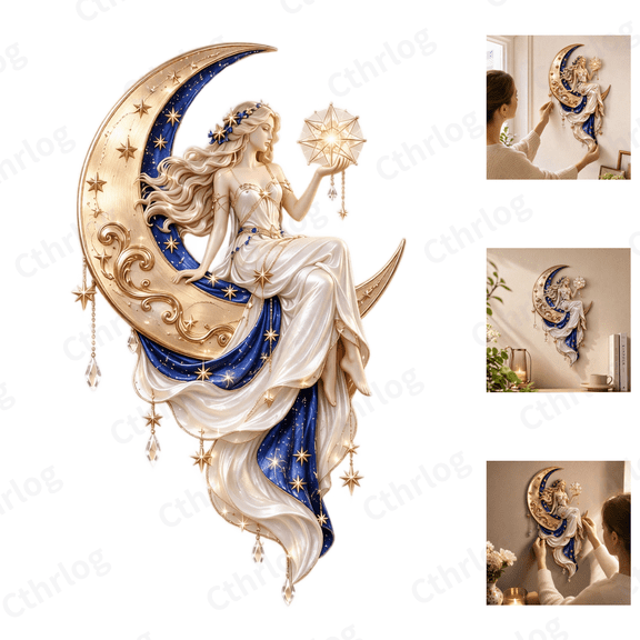 Vintage Celestial Metal Wall Art, Moon Goddess Iron Wall Hanging with Gold Star & Crystal Pendants, Eye-catching Wall Decor, Elegant Home Decor for Farmhouse
