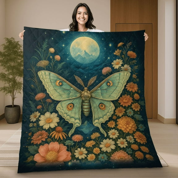 Vintage Celestial Moon Butterfly Quilt Blanket – Luna Moth Moonlight Floral Quilt, Dreamy Night Garden Art Gift For Moth and Nature Lovers Blanket