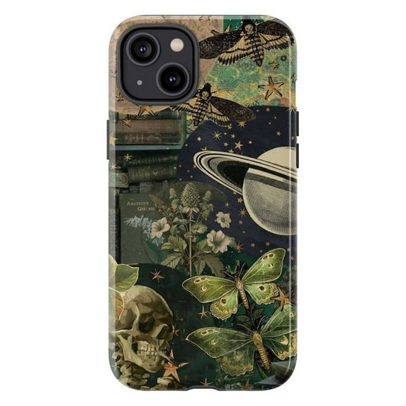Vintage Celestial Nature Collage Phone Case, Saturn and Moths with Botanical and Skull Art Design, Protective Hard Cover for iPhone 16 15 14 13 12 11 Pro Max Mini