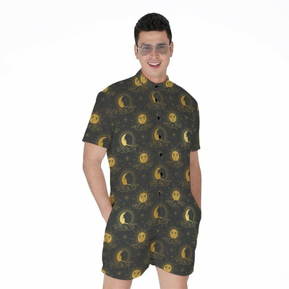 Vintage Celestial Pattern Short Sleeve Men'S Rompers, Lunar Heaven Cosmic Galaxy Casual Summer Jumpsuits Outfit