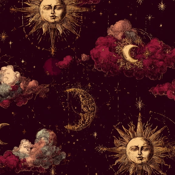 Vintage Celestial Peel and Stick Wallpaper Baroque Clouds Shimmering Stars Gold Foil Dark Red Wall Mural 17.7in x 9.8ft Self Adhesive Removable Wall Paper Renter Friendly Wallpaper for Bathroom