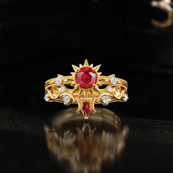 Vintage Celestial Ruby Engagement Ring Set - Sun and Moon Bridal Set in 14k Yellow Gold Vermeil - Promise Ring for Women