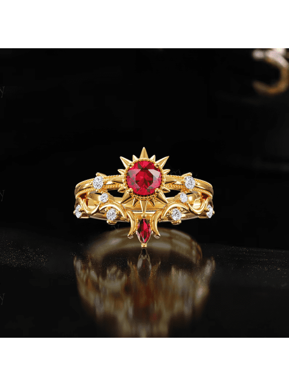 Vintage Celestial Ruby Engagement Ring Set - Sun and Moon Bridal Set in 14k Yellow Gold Vermeil - Promise Ring for Women