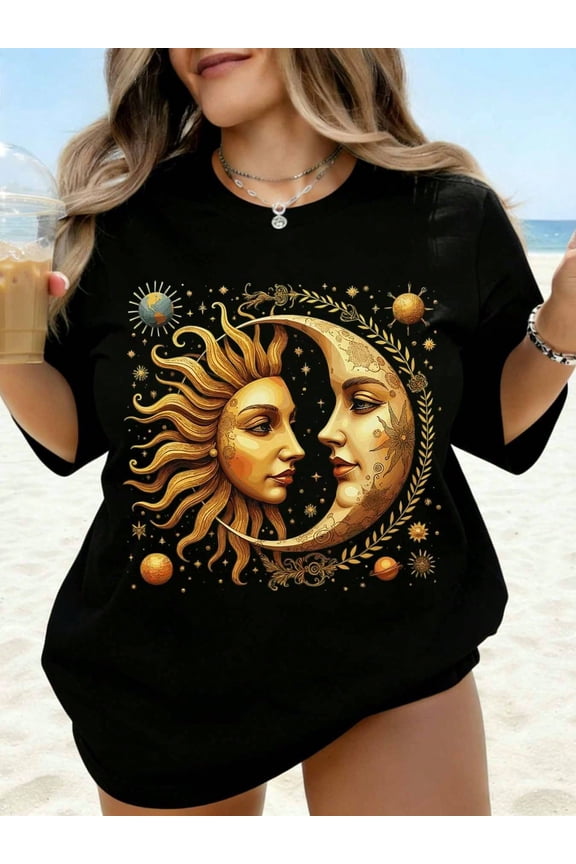 Vintage Celestial Sun and Moon Mystic Astrology Graphic T-Shirt - Aesthetic Retro Bohemian Oversized Cotton Tee - Unique Mythological Celestial Art Design