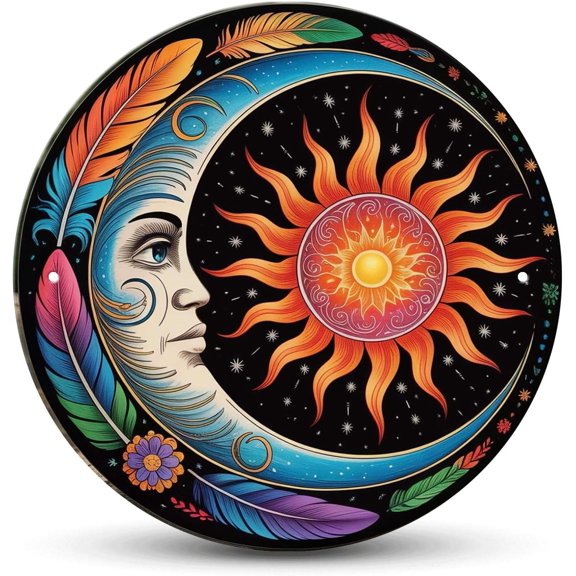 Vintage Celestial Sun Moon Round Metal Tin Wall Sign, 8 Inch, Aesthetic Decor for Home Bedroom Bar Cafe Garden and Outdoor