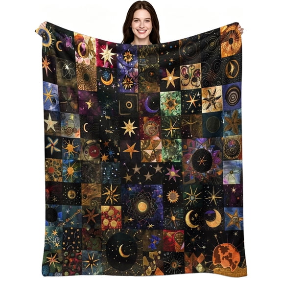 Vintage Celestial Sun Moon Star Galaxy, Soft Warm Flannel Fleece, Boho Mystical Aesthetic, Throw Blanket, Dreamy Comfort, Home Accent, Warm Cozy Couch Sofa