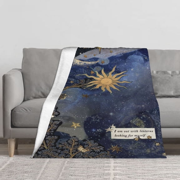 Vintage Celestial Sun Moon Starry Night Tree Flannel Throw Blanket, Reversible Sherpa Fleece Dark Blue Gold Tarot Aesthetic Decor Blanket for Sofa Bed, Mystical Witchy Spiritual Cozy Gift Blanket