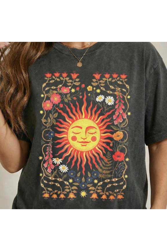 Vintage Celestial Sun & Moon Wildflower Garden Graphic Tee, Boho Cosmic Nature Astrology Art Shirt, Mystic Solar Botanical Aesthetic Design, Comfort Colors Unisex Cotton T-Shirt, Size S-3XL
