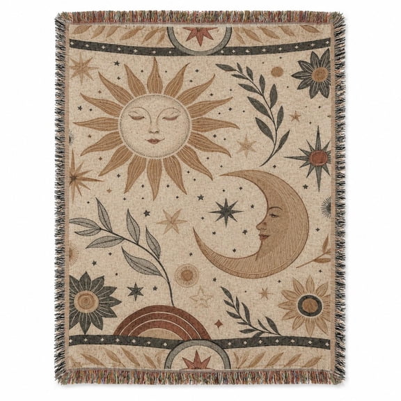 Vintage Celestial Sun and Moon Beige Woven Throw Blanket, 100% Cotton, Boho Style for Living Room