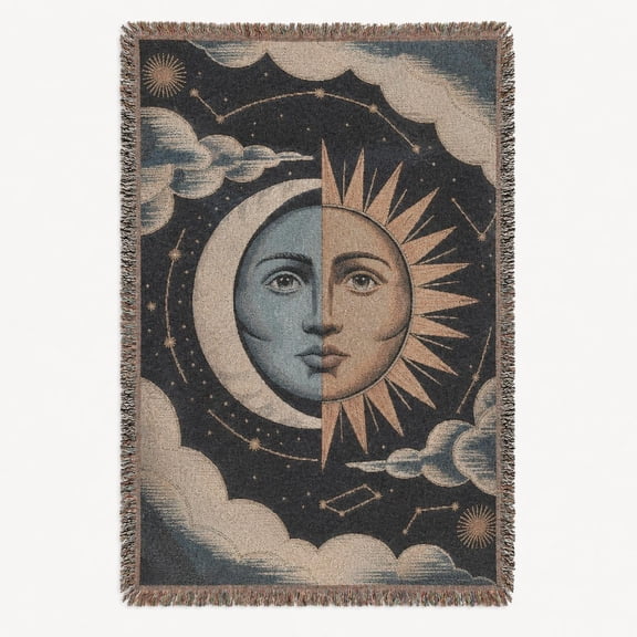 Vintage Celestial Sun and Moon Black and Cream Woven Blanket 100% cotton Mystical Home Decor
