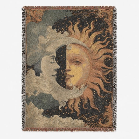 Vintage Celestial Sun and Moon Green Gold Woven Blanket, 100% Cotton, Bohemian Style for Home Decor