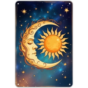 Vintage Celestial Sun and Moon Metal Tin Sign Wall Art for Home Bedroom Dorm Yard Garden Outdoor Decoration 8 x 12 Inch