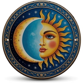 Vintage Celestial Sun and Moon Metal Wall Sign Round Mystical Room and Garden Decor, 8 Inch