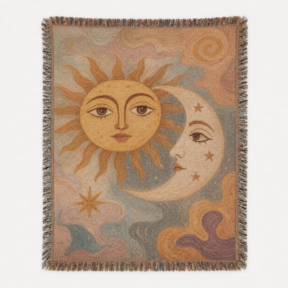 Vintage Celestial Sun and Moon, Muted Gold and Blue Woven Blanket, 100% Cotton, Bohemian Living Room Decor