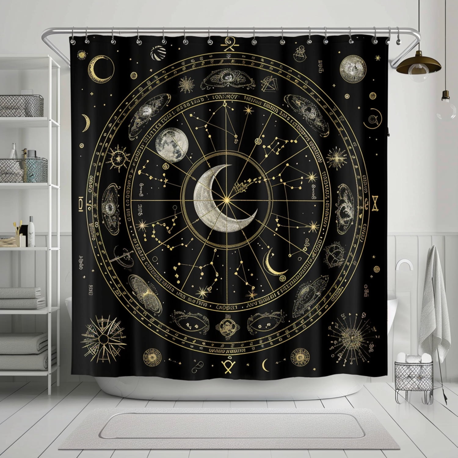 Vintage Celestial Zodiac Shower Curtain Black & White Design with Moon