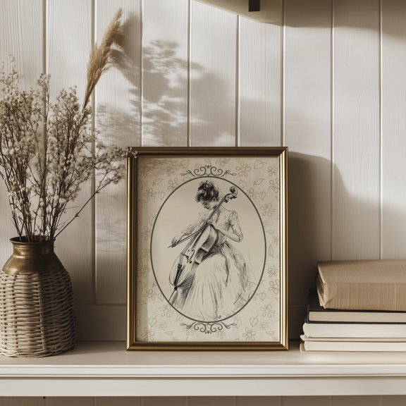 Vintage Cello Woman Classical Wall Art, Unframed Paper Print Size 8x12