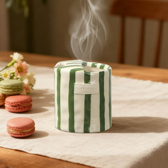 Vintage Ceramic Coffee Mug 10 oz - European Style Striped Tea Cup, Large Handle Porcelain Mug for Cappuccino, Latte, Hot Chocolate, Dishwasher Safe Home & Office Use