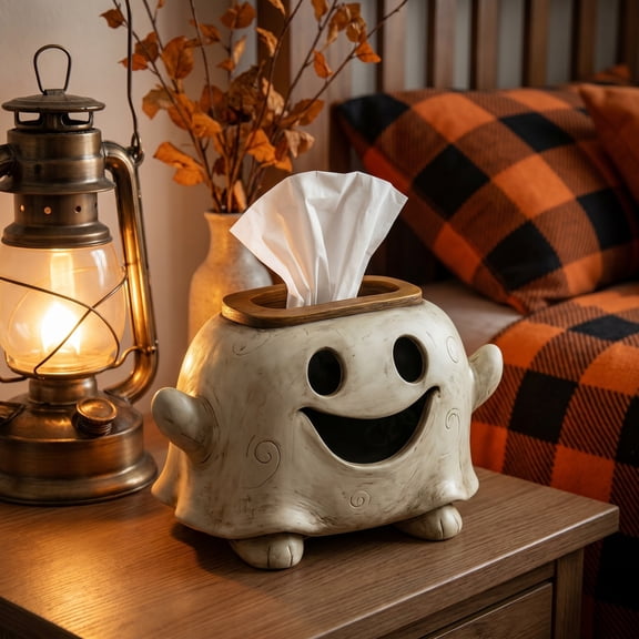 Vintage Ceramic Cute Ghost Tissue Box Cover, Decorative Napkin Dispenser, Whimsical Tabletop Holder for Bathroom, Kitchen, Household and Halloween Party Table Decor