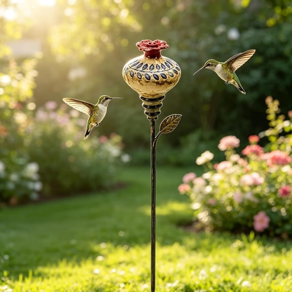 Vintage Ceramic Hummingbird Feeder Garden Stake,Garden Ornament Decorative Floral Nectar Feeder for Hummingbirds, Outdoor Yard Decor for Garden Beds, Borders and Large Planters
