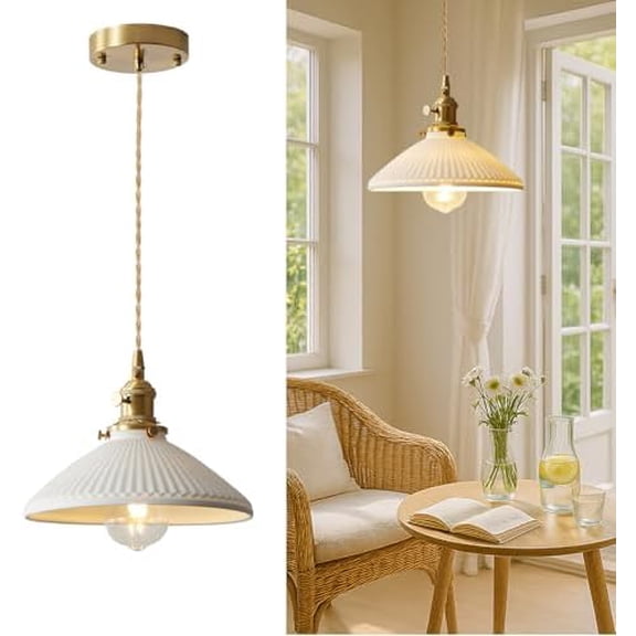 Vintage Ceramic Pendant Light with White Ceramic Shade, Brass E26 Socket, Hardwired Adjustable Height Hanging Fixture, Sloped Ceiling Compatible for Kitchen Island, Dining Room, Entryway