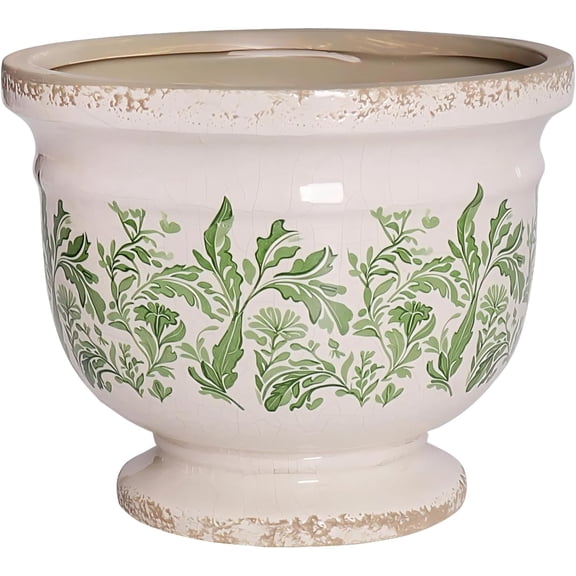 Vintage Ceramic Planter Pot with Drainage, 6.8 Inch Large Crackle Glaze Flower Pot with Green Floral Leaf Pattern for Succulents, Flowers, Farmhouse Country Rustic Planters for Gardening Gift