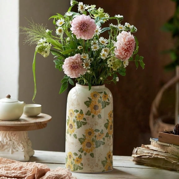 Vintage Ceramic Vase 10.6 Inch Chinoiserie Sunflower Yellow Floral Vases Retro Ice Cracked Rustic Antique Flower Vases For Modern Room Bathroom Shelf Home Decor Large Cylinder